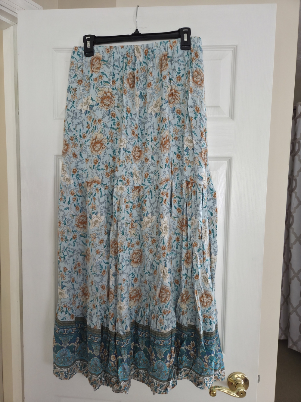 Floral Tiered Maxi Skirt - Light Blue & Teal Xl Fits Like Large